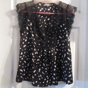 Wishlist Apparel S/M Black and Cream Spot Blouse with Lace Cap Sleeve and Neck